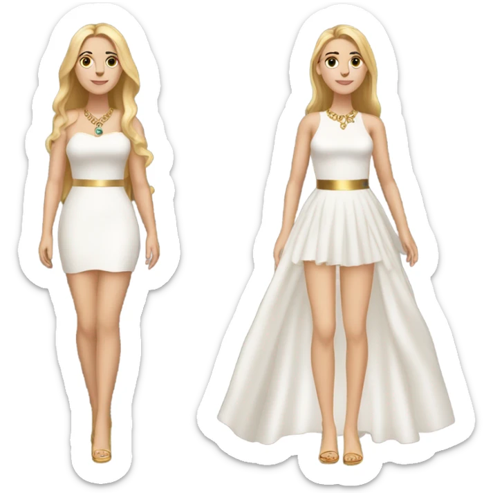 do a white girl with dark long and straight honey hair dark eyes and gold jewelry, full body legs arms and a white dress sticker