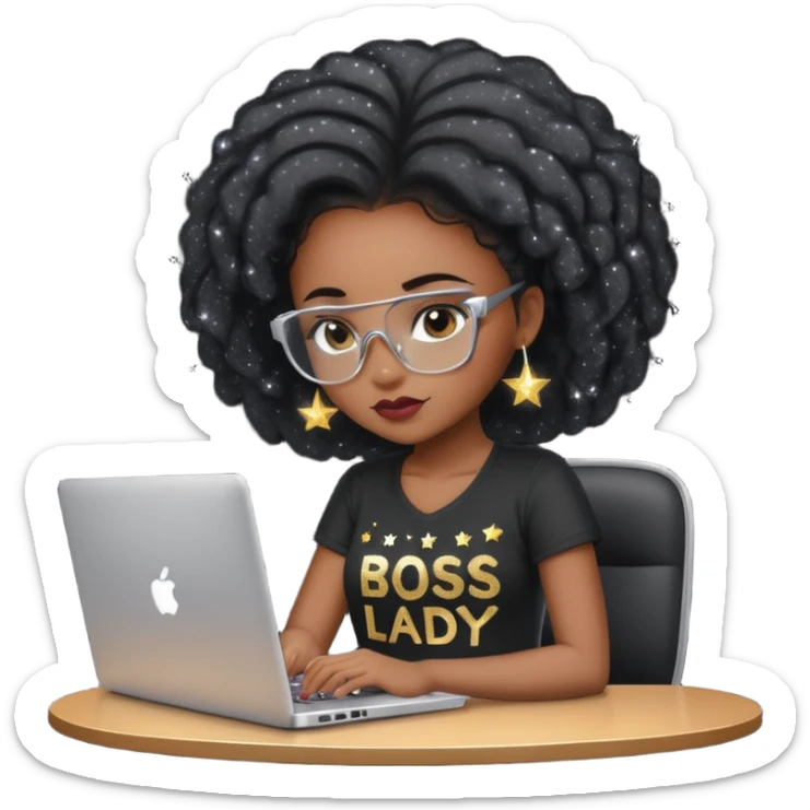 black pretty girl working hard with sparkles on laptop "boss lady" spelled out on shirt sticker