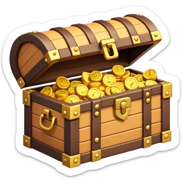 Clash of Clans aesthetic: Cinematic Playful Pixel 3D Treasure Chest Emoji, rendered in a 3D vector-style similar to standard emojis with minimal shading and bold, simplified shapes. A compact, distinct form with signature details, softly glowing with a pixelated adventure charm. Simplified yet unmistakably iconic, highly detailed and consistent, glowing with a soft radiance and high shine. Stylized with a touch of classic pixel-art charm and a soft glowing outline, capturing the essence of a beloved gaming relic with a friendly, playful manner! sticker