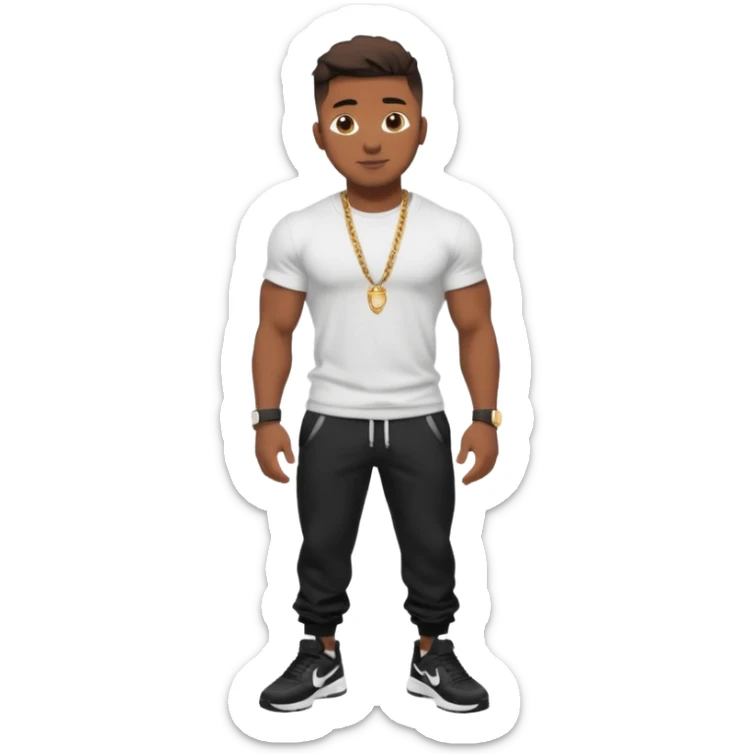 Handsome Black guy with brown skin tone, with muscular build, wearing black sweatpants, a white t-shirt, black Nike air max, a small chain, and a watch  sticker