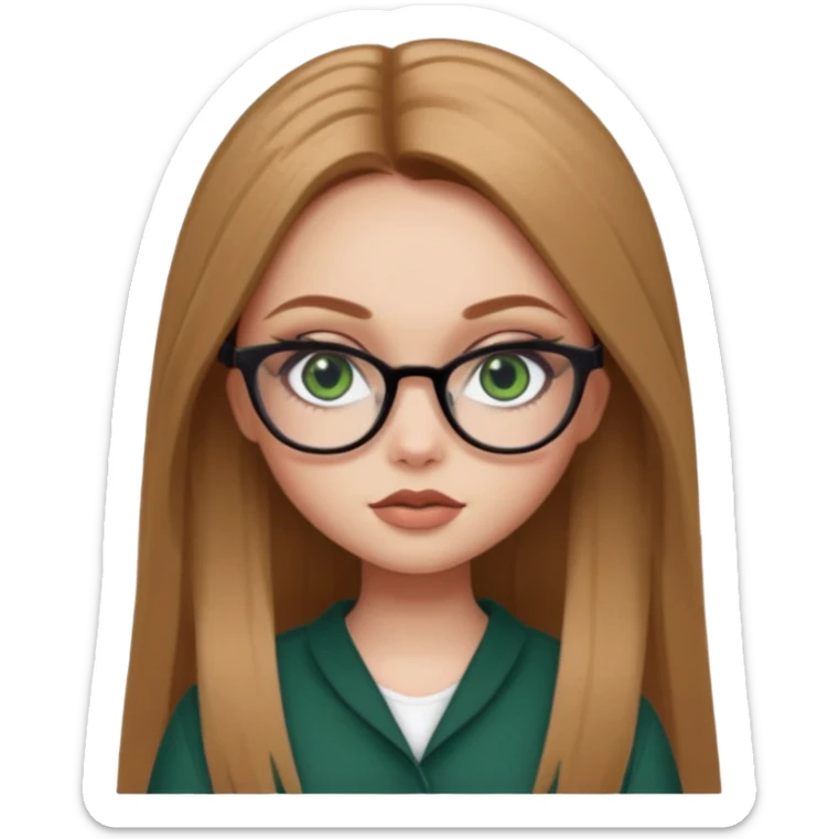 pretty bratz baddie, light brown straight hair, dark green eyes, glasses, pretty eyeliner, pale skin sticker