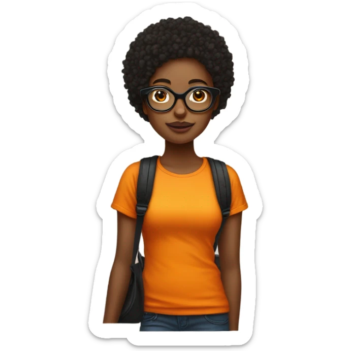 Une fille avec une calvitie et elle port un t-shirt orange et porte aussi des grosse lunette noir sticker
