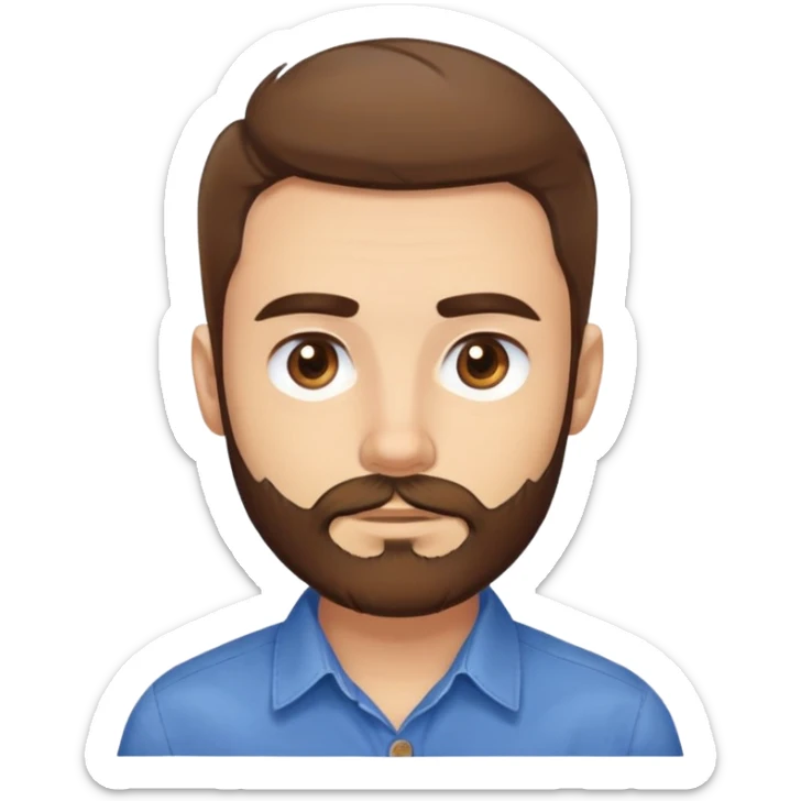 Head portrait of Puerto Rican actor René Monclova. Round face, wide jaw, light complexion. Expressive brown eyes, thick eyebrows. Short brown hair. Unkempt beard, medium length and brown. Friendly expression. Wearing a blue button-up shirt. sticker