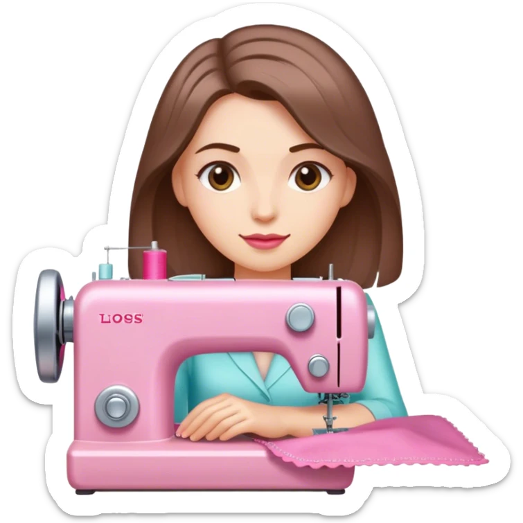 Mujer bonita cabello a la altura de hombros color chocolate claro costurera con máquina de coser rosada  sticker