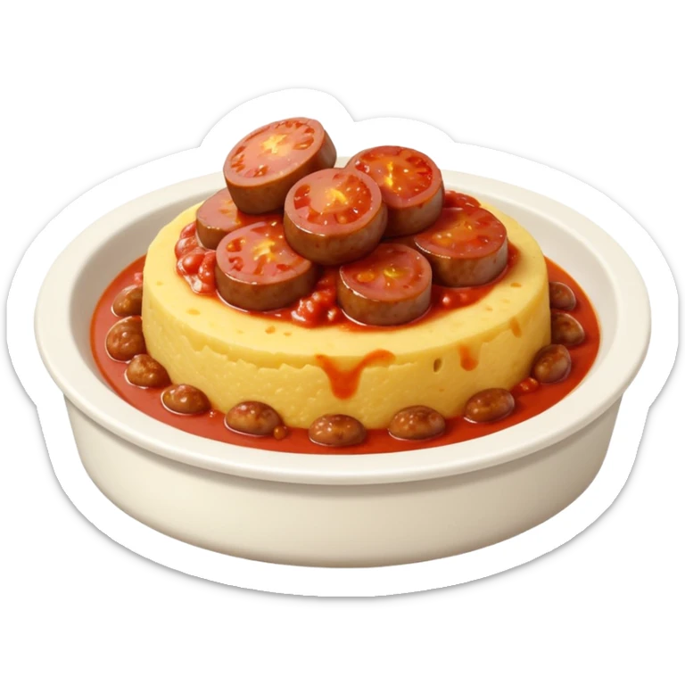 Fai l’emoji di una polenta che è quasi del tutto ricoperta di sugo, con la salsiccia sopra sempre bella insugata sticker