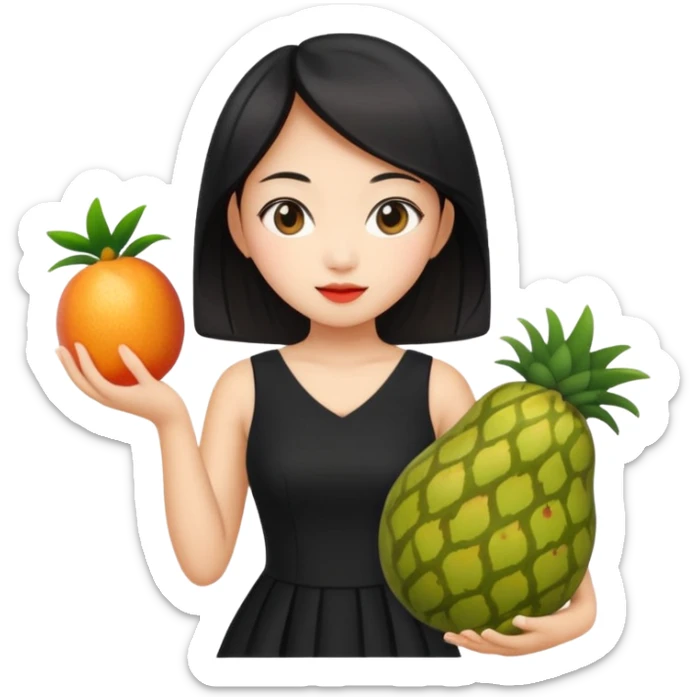 asian young woman in black dress with images of fruits on it sticker