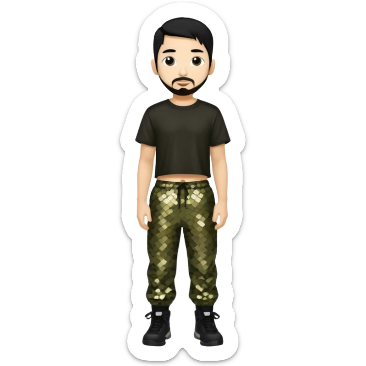 Mike Shinoda with black hair, black sequin crop top, olive sequin baggy pants sticker