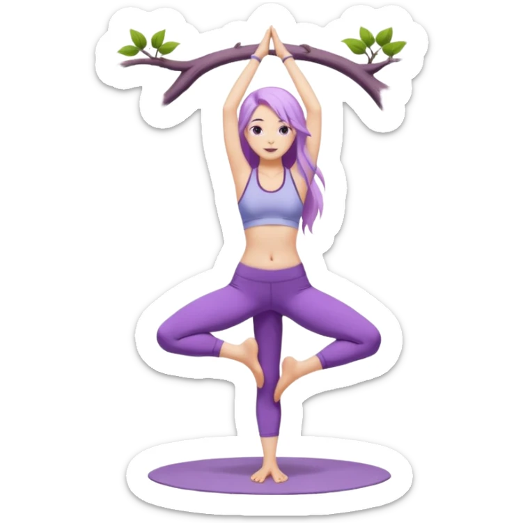 Девушка белокожая, с длинными светло-фиолетовыми волосами, в одежде для йоги, стоит в позе дерева, с правильными пропорциями sticker