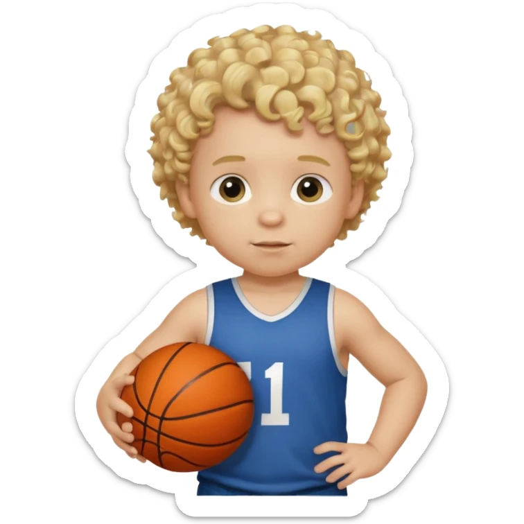 a baby boy with curly blonde hair holding a basketball. his shirt says i love cooke sticker