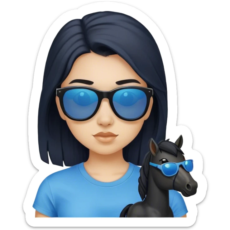 A girl with black long hair with pony, wearing sunglasses and a blue t-shirt. sticker