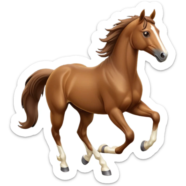 cinematic-[brown horse]-realistic-full-body-galopping-emoji,-tail-flicking-lazily,-head-tilted-dramatically,-sleek-[brown]-coat,-simplified-yet-realistic-focused-features,-highly-detailed,-glowing-with-an-almost-sarcastic-glow sticker