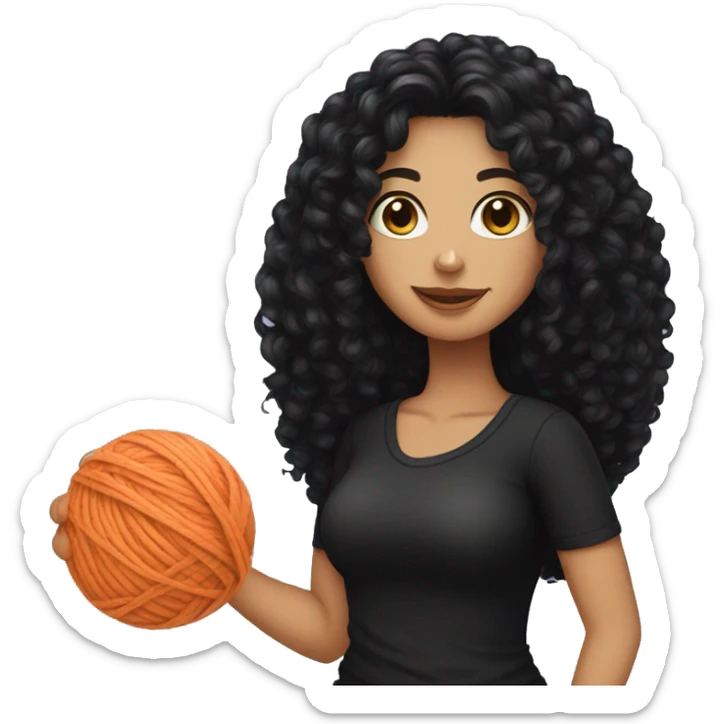 woman with long black curly hair holding one ball of yarn wearing black clothes sticker