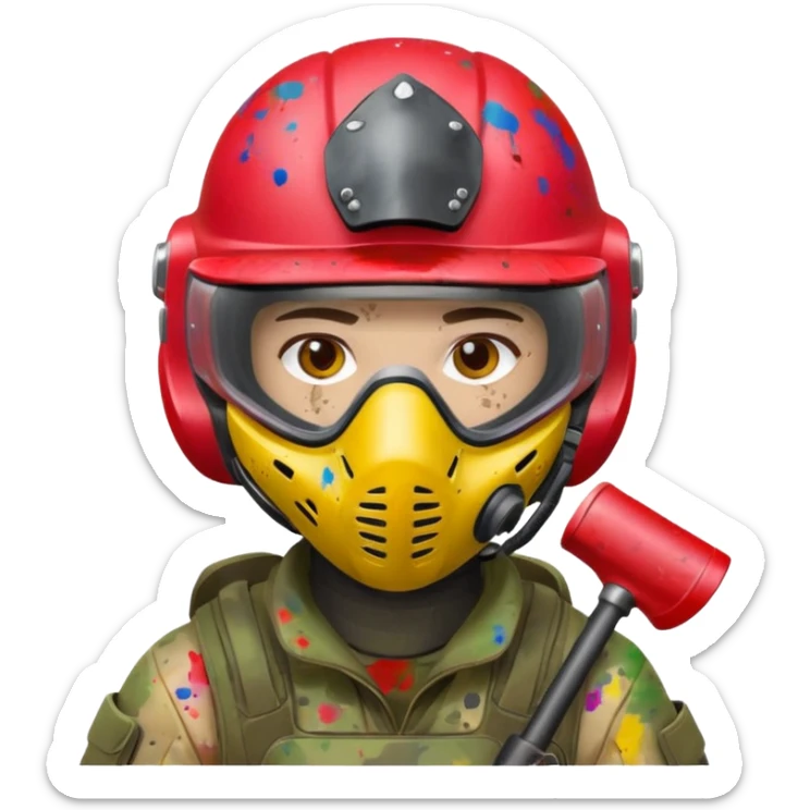 paintball player face shot with lots of colors messy red helmet sticker