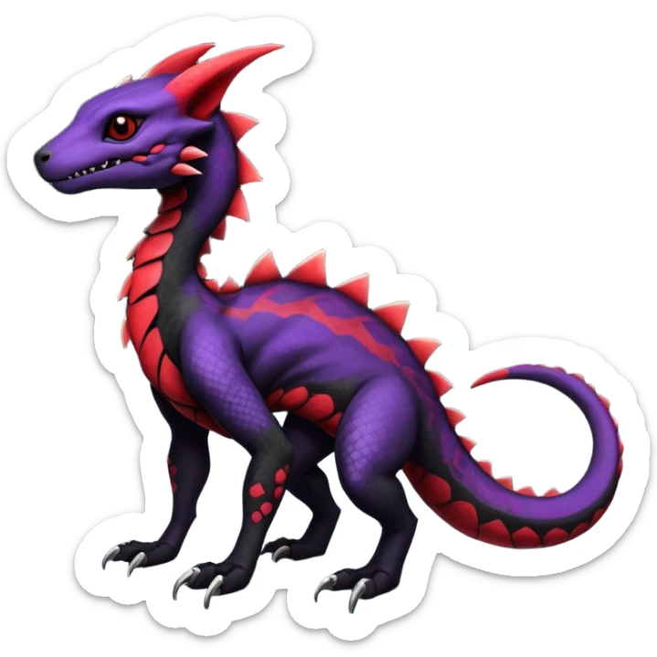 Rare realistic exotic edgy dark gothic gloomy spooky black and red/purple epic pretty beautiful handsome gorgeous aesthetic colorful vibrant Vernid-Trico-species-Fakemon-Salandit-hybrid-creature by LiLaiRa, 4 legs, 1 tail, random markings, (full body) sticker