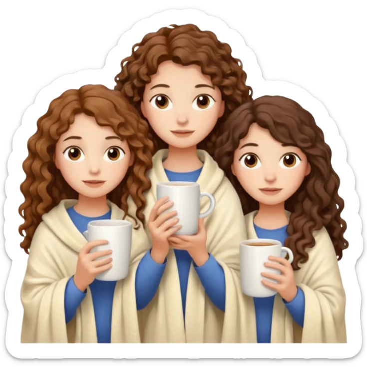 with triple girl with fair skin with long curly brown hair her shoulders are covered with a cream blanket in her hands a white mug her face is calm sticker