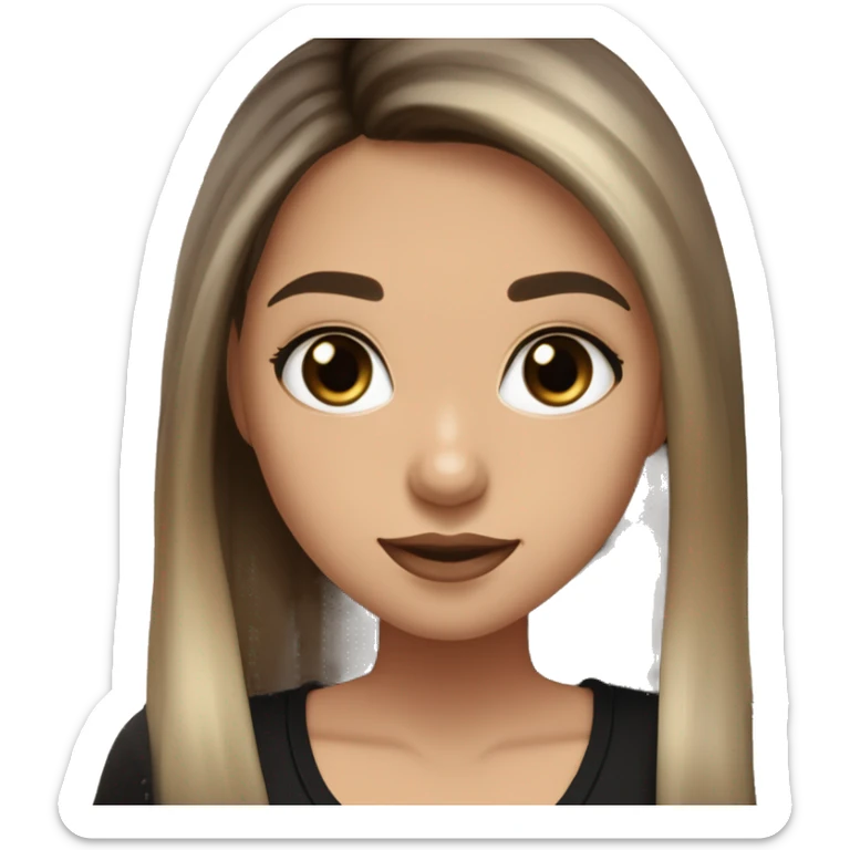 Slavic girl, light skin, long eye lashes, pink beige lips, brown eyes, long black-to-blonde ombre straight hair, black T-shirt, chibi, smiling. sticker
