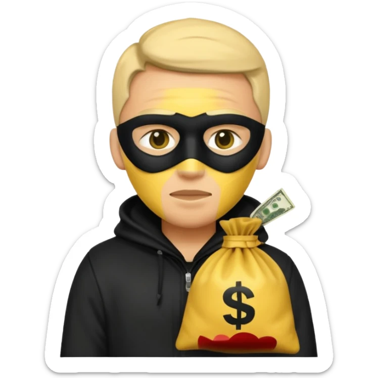 Ladrão com saco de dinheiro emoji efeito Mandela com pele amarelo com apenas a cabeça e os ombros aparecendo sem mãos com apenas a cabeça e os ombros aparecendo sticker