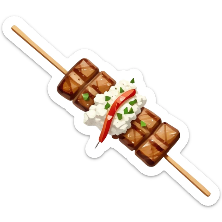 Souvlaki Cinematic Realistic Souvlaki Dish Emoji, depicted as skewered, grilled meat served with a side of crumbled feta cheese, rendered with rich textures and dynamic, appetizing lighting. sticker