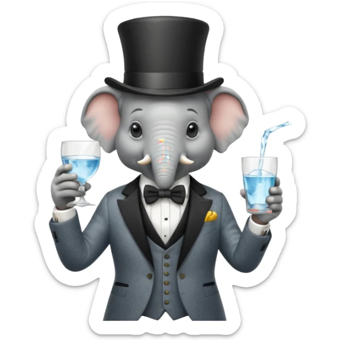 elephant wearing suit, bowtie and top hat, holding glass of water sticker