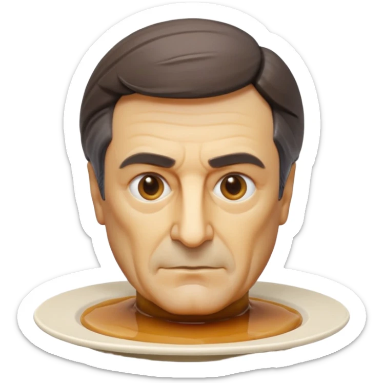 apple style emoji of a bust of François Fillon, entire head, face, and features made from slightly translucent beige flan, no human skin, hair, or eye colors, all flan texture and color, stylized gelée sculpture, on a round white plate sticker