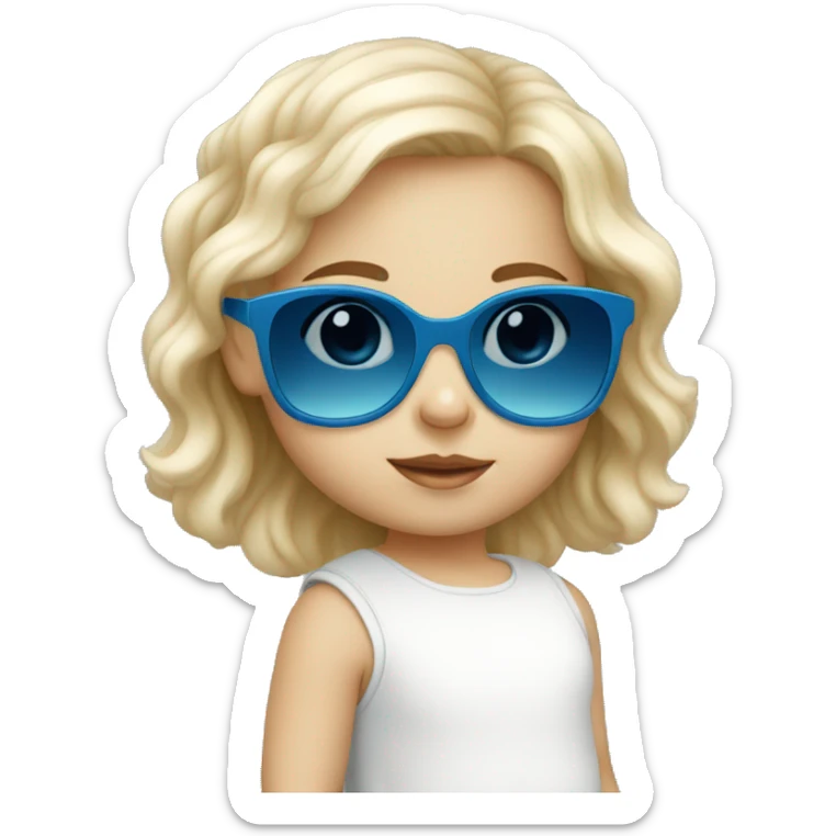 white little baby girl with blue frame sunglasses and dark lens sticker