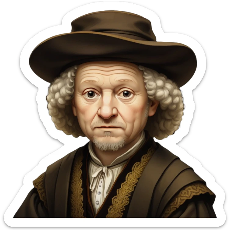 cinematic-realistic-portrait-of-rembrandt,-shown-as-a-master-artist-with-deep,-introspective-eyes-and-richly-detailed-period-clothing,-rendered-with-dramatic-chiaroscuro-lighting-that-emphasizes-his-legacy sticker