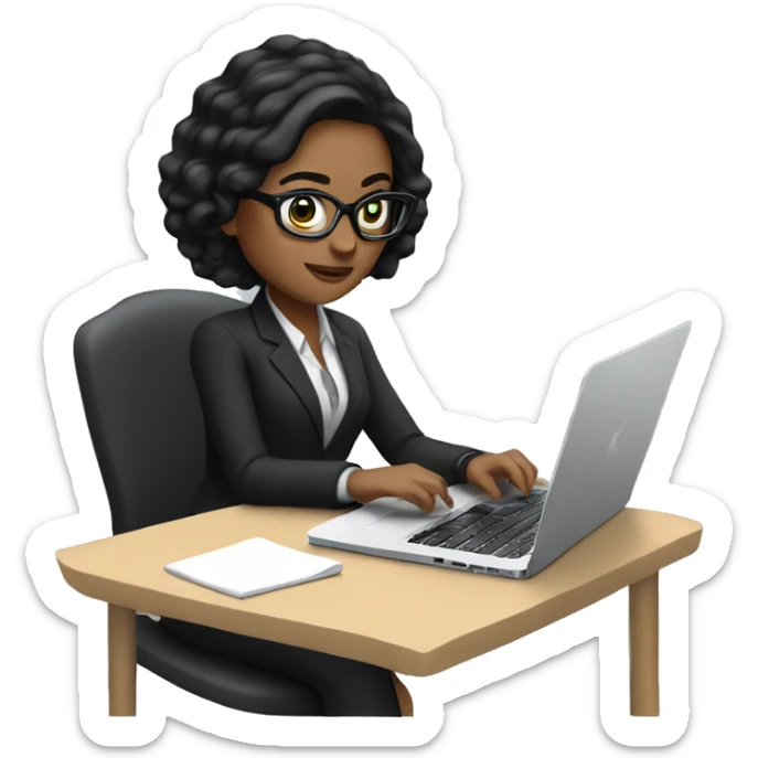 white girl with black hair wearing glasses working on apple laptop with classic suit sticker