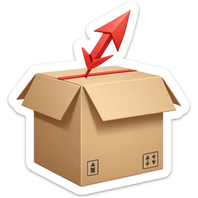Minimal line-art icon of a shipping box with an arrow going up or a price tag, simple modern style, clean outlines, slightly 3D, no background, transparent, represents “reselling / e-commerce / flipping items” sticker