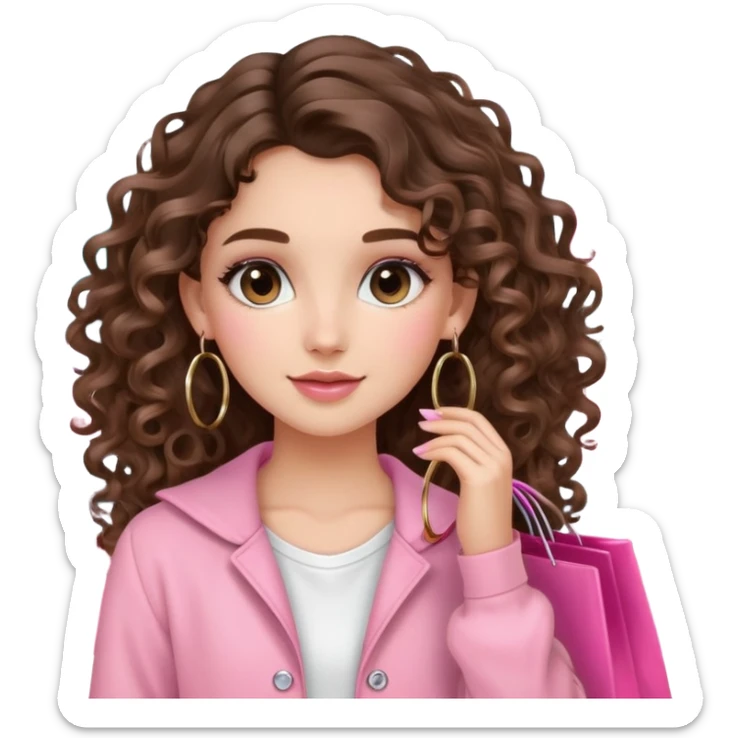 cute balayage brunette long hair curly/wavy haired girl, hoop earrings, clean girl makeup DOING SHOPPING WITH PINK CLOTHES ON sticker