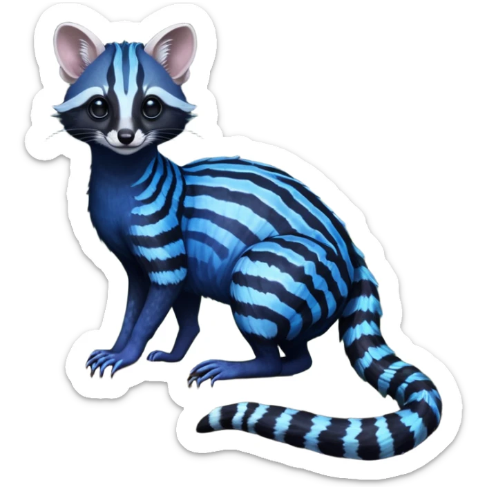Feral Rare Fantasy iridescent scaly evil spooky vibrant dark shady shaded detailed deep-dark-cobalt-blue-gradients-colored colorful Genet-Trico-Civet-Cacomistle-Margay-species by LiLaiRa,, with white stripes with dark-blackish points, white belly, random markings, tufted tail, tufted ears, full body sticker