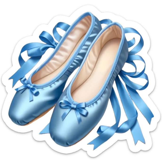 cinematic-realistic-ballet-shoes,-soft-satin-blue-pointe-shoes-with-delicate-ribbons,-resting-gently-on-a-polished-wooden-floor,-subtle-creases-in-the-fabric,-glowing-under-the-warm-golden-light-of-a-rehearsal-studio,-evoking-ele sticker