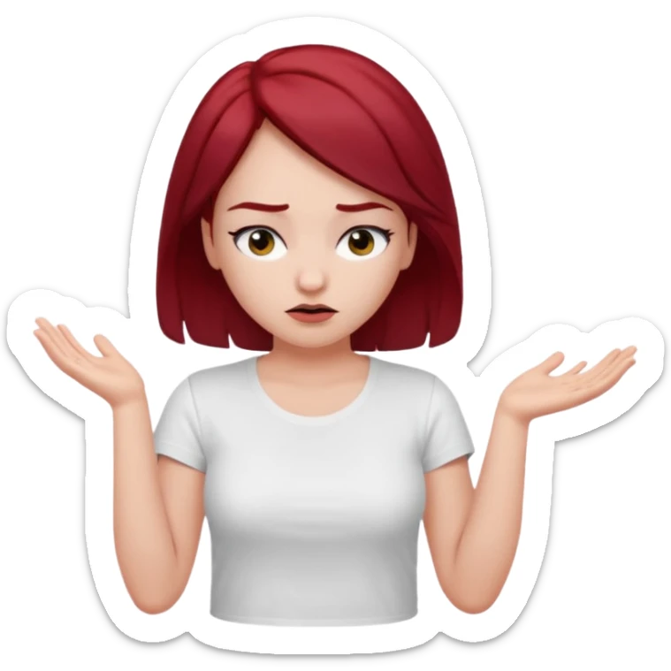 younger woman shrugging, eyes closed, white t-shirt, dark red hair, black eyebrows sticker