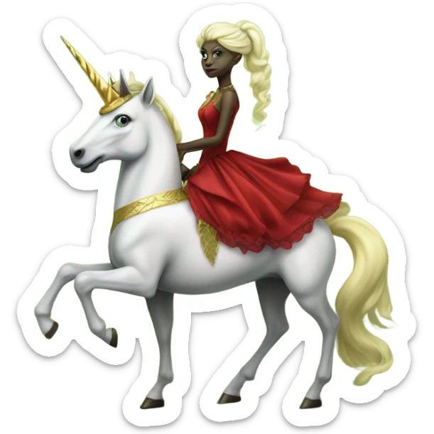 "galora green blonde alien woman" in red Victorian elegant dress, full body, rides unicorn gold and white
 sticker