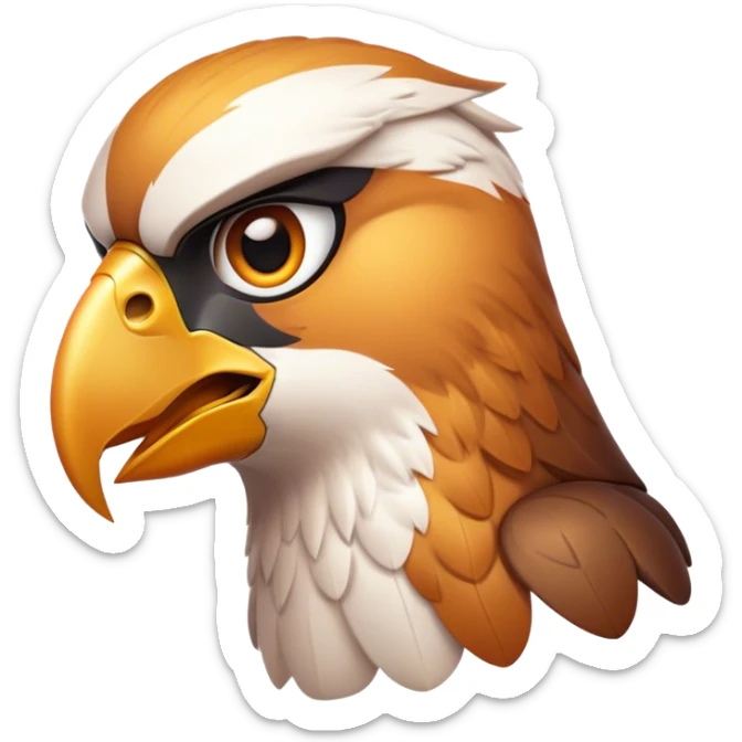Cinematic Noble Falcon Portrait Emoji, Poised and majestic, with a streamlined, muscular build, a sharply hooked beak, and intense, piercing eyes that exude focus and speed, Simplified yet sharp and sophisticated features, highly detailed, glowing with a soft, amber radiance, high shine, intelligent and commanding, stylized with an air of aerial authority, focused and swift, soft glowing outline, capturing the essence of a watchful and confident falcon that appears ready to soar out of the screen with effortless power! sticker