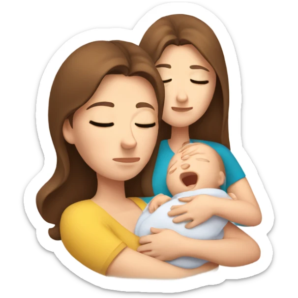  tired caucasian mother with brown hair, ,  holding newborn baby sticker