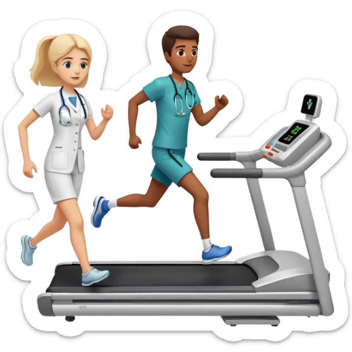 patient running on a treadmill, heart monitor display, and a doctor nearby sticker