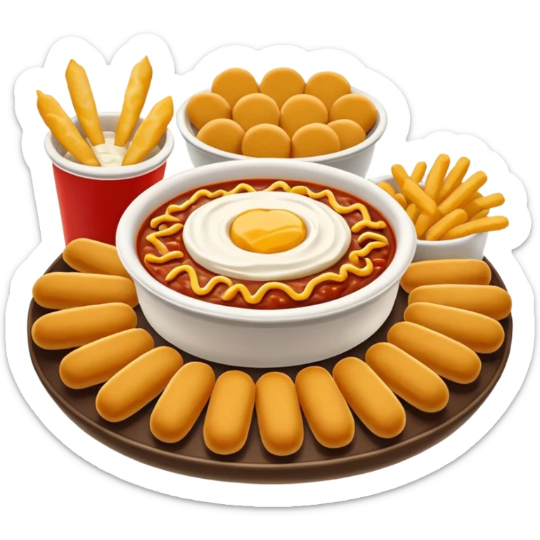 iOS 18 style emoji of a Chili’s Tripper Dipper platter with mini cheeseburger sliders, mozzarella sticks, chicken tenders, and dipping sauces, glossy Apple emoji design, rounded, bright colors, soft shading, white background. sticker