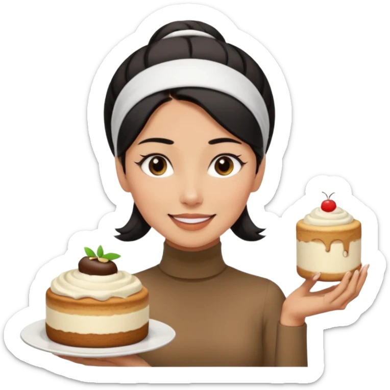  tan skin woman with long face, and short black hair slicked back ponytail with forehead showing, white headband, wearing white turtleneck shirt, eating tiramisu smiling with middle parted hair sticker