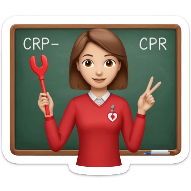 Happy Teacher, female, brown hair up, wearing a red long sleeve top holding a pointer stick to a white board with a CPR logo. sticker