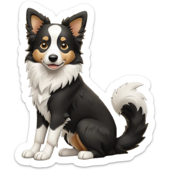 cinematic-[border collie dog]-realistic-full-body-sitting-emoji,-tail-resting-loosely-beside-its-paws,-head-tilted-dramatically,-scruffy-[black and white]-fur,-simplified-yet-realistic-focused-features,-highly-detailed,-glowing-with-an-almost-sarcastic-glow sticker