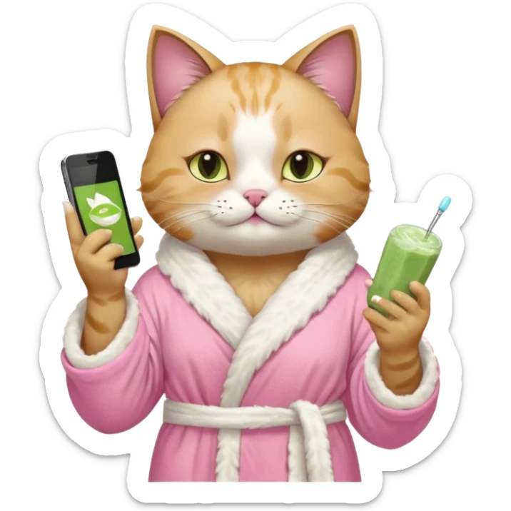 I want a CAT whit a iced macha on her paw and i want her to ne wearing a pink bath rope And she will have a face mask on her face and phone on the opisite paw whit the macha sticker