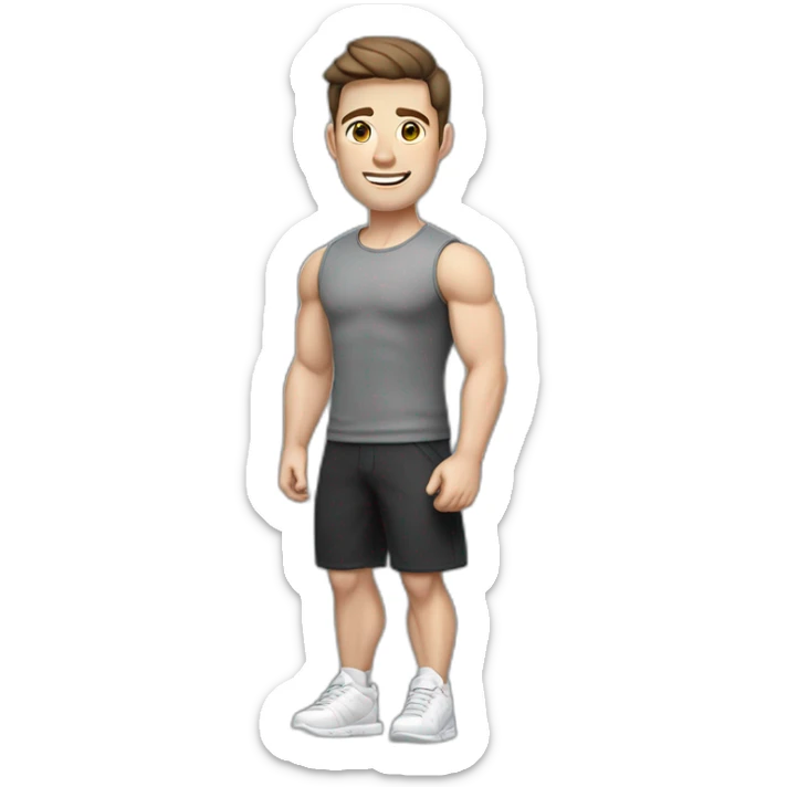 Joyful Pale skinned Fit Man With the biceps and dark brown hair in black shirt, gray sports shorts and white Sneakers sticker
