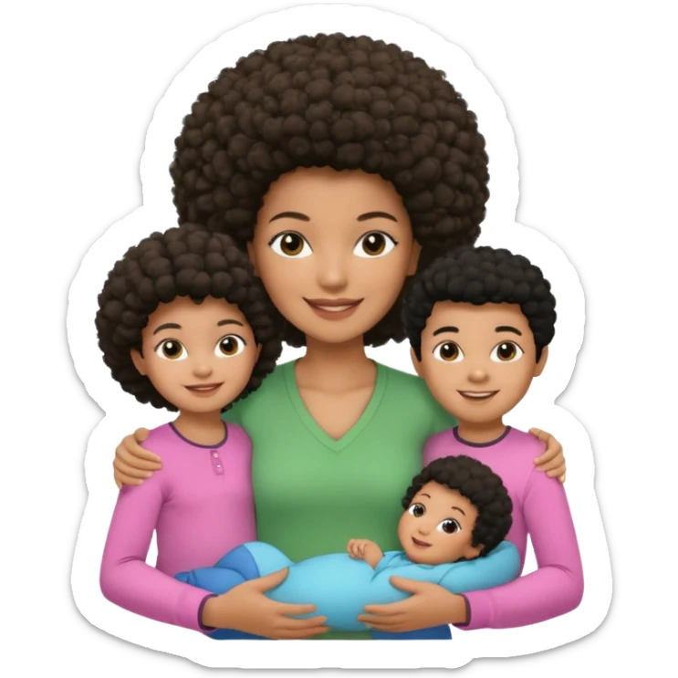 Polaroid photo with a Black woman with an afro hairstyle and a green blouse, two children: a boy with straight hair and a blue shirt, and a baby girl in a pink shirt. All are smiling. sticker