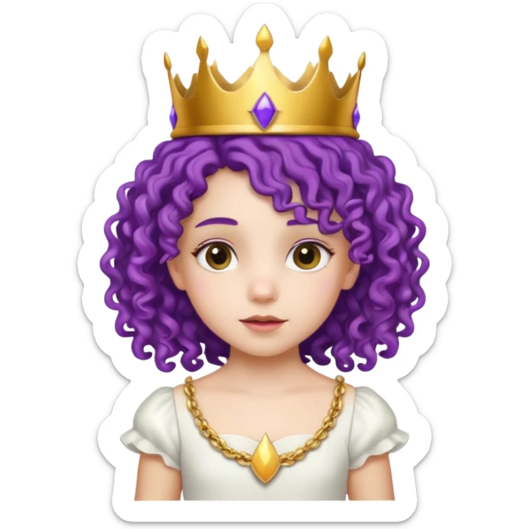 Princesses kid girl, with Gold Crown on purple curly hair, with white dress sticker