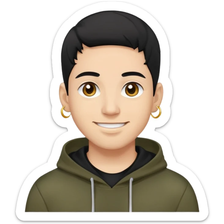 man with smiley face, black hair military cut, brown eyes, wearing 2 circle earrings and a black hoodie sticker