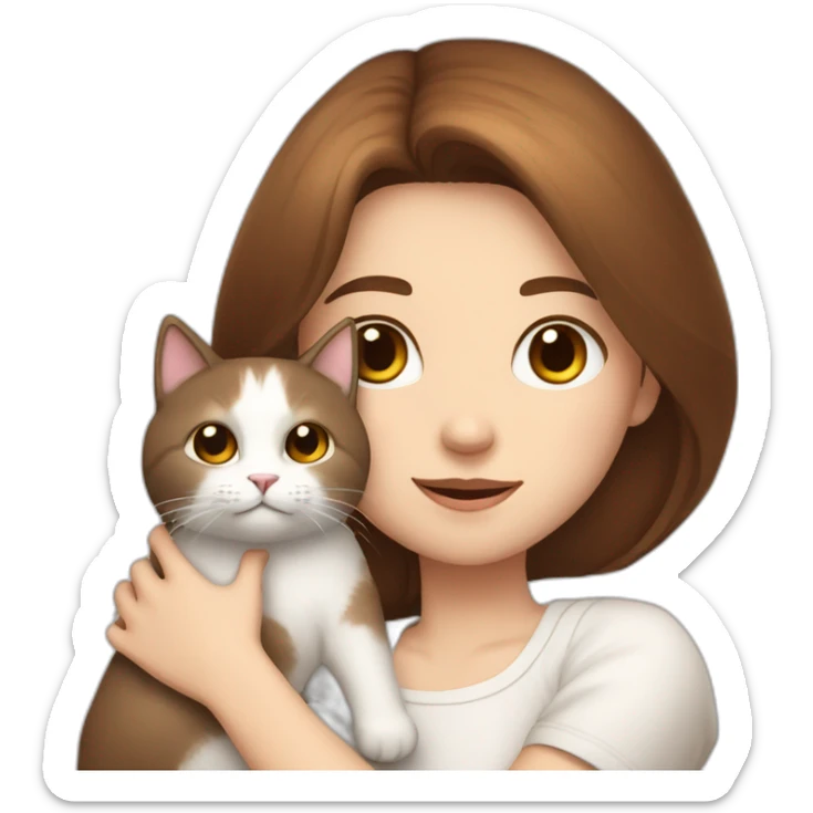 A girl with brown straight hair and a white fluffy cat lying in her arms with eyes of different colors sticker