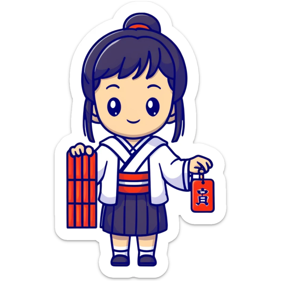 Cute Japanese high school girl buying omamori charm at shrine during school trip sticker