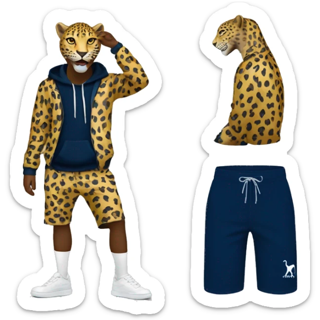 Leopard standing on two feet and having a ralp louren navy blir sip up hoodie on and white shorts  sticker