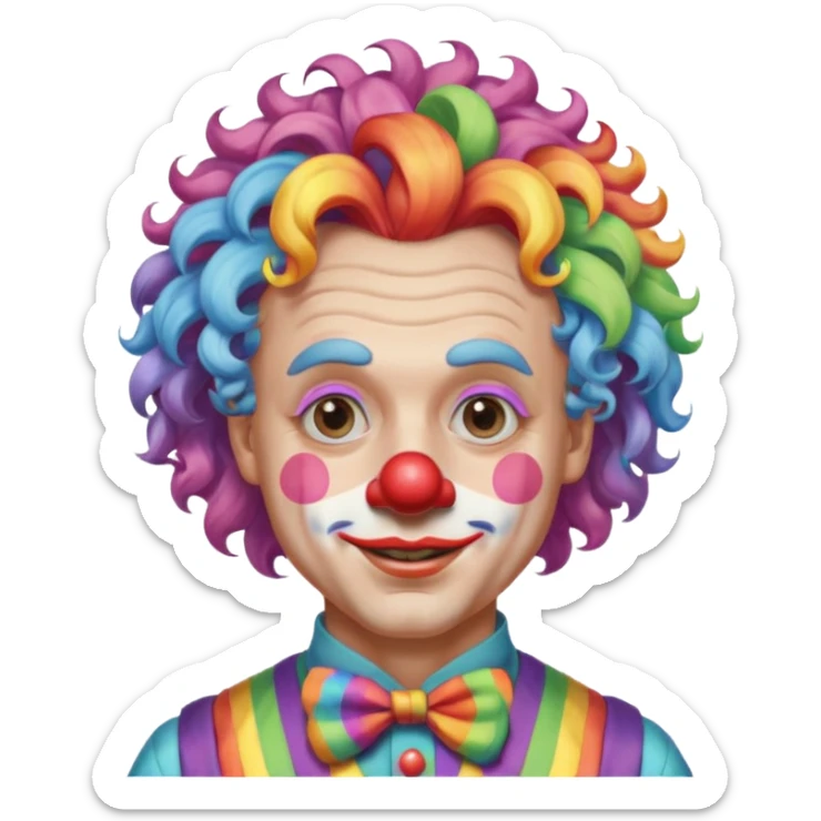 Middle-age man with Curly rainbow hair of clown — soft pastel curls tied high sticker