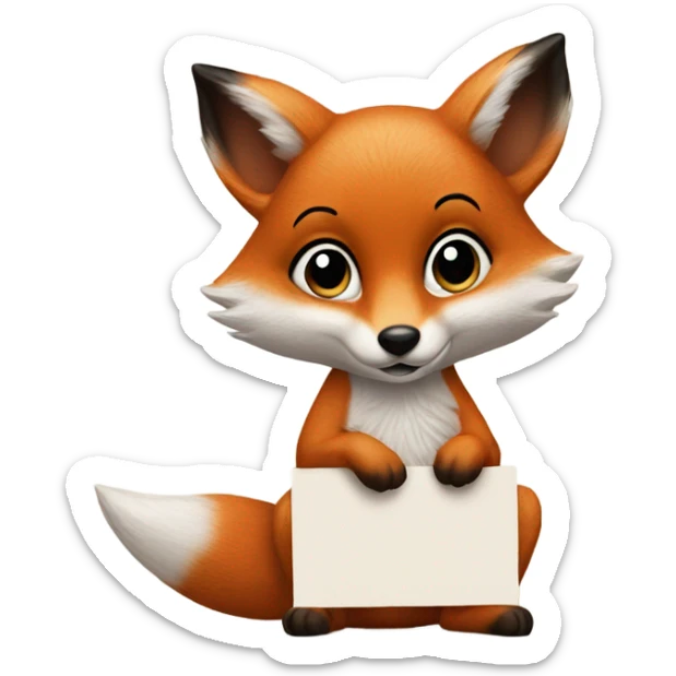 Detailled and photorealistic Baby fox with a blank sign sticker